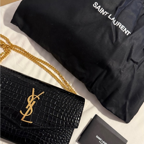 Saint Laurent Handbags - Saint Laurent Black Croc-Embossed Clutch with Gold Chain